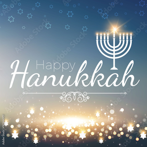 Happy Hanukkah Shining Background with Menorah, David Star and Bokeh Effect. Vector illustration