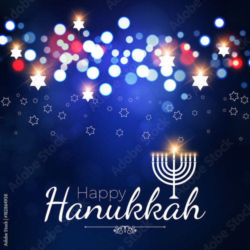 Happy Hanukkah Shining Background with Menorah, David Star and Bokeh Effect. Vector illustration