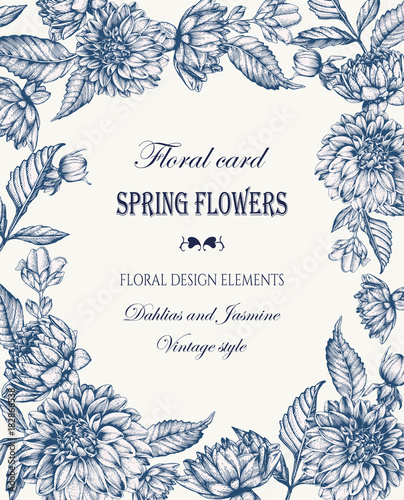 Vintage invitation card with dahlias and jasmine. Vector illustration.