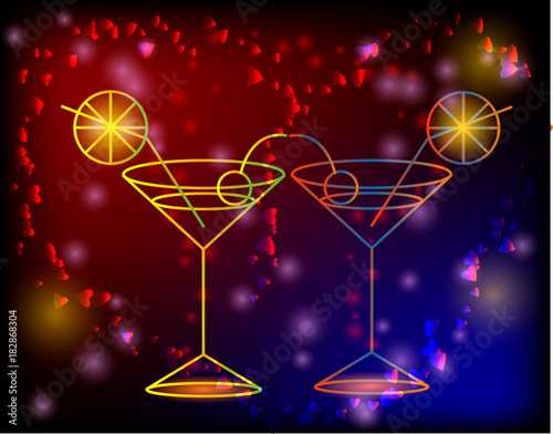 Golden outline of glasses with a cocktail on a pink background with stars and lights, disco, club, neon glow