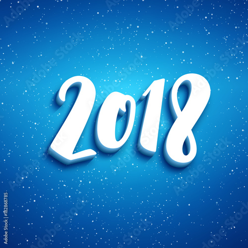 2018 New Year lettering on blue blurry vector background with sparkles. Greeting card design template with 3D typography label