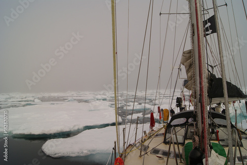 Greenland, arctic: sailing boat trough the iceberg, risk, danger