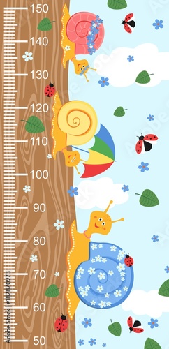 Wallpaper Mural Children meter wall with a cute smiling cartoon snail and measuring ruler. Vector illustration of snail isolated on sky background and wood. Torontodigital.ca