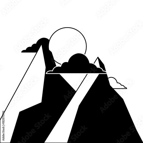 two mountain sun clouds natural land sunset scene vector illustration