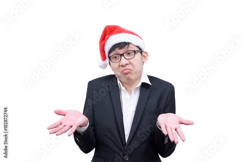 Business man has unknowing with Christmas festival themes isolated on white background.