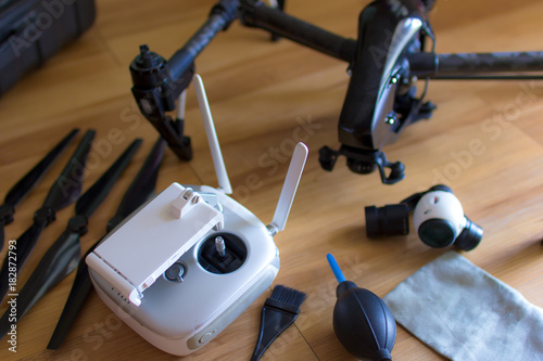 Cleaning professional camera drone. photo