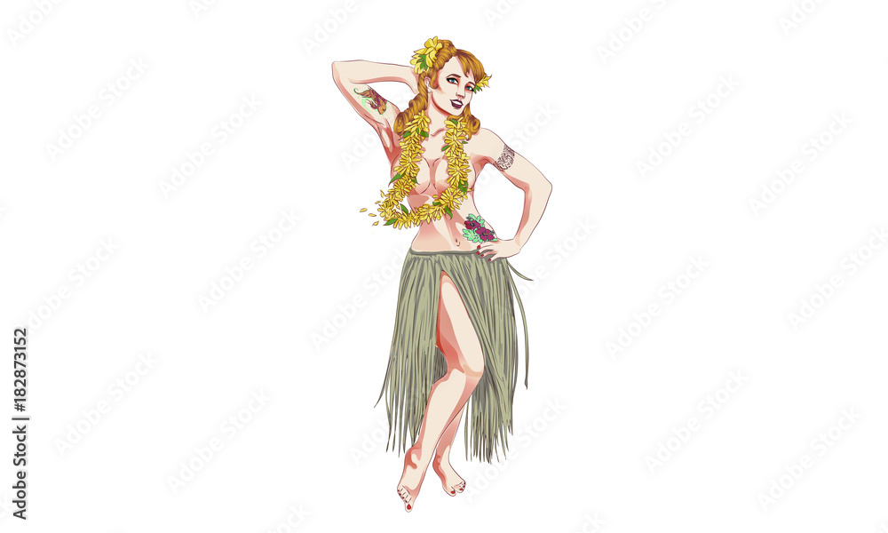 Concept of retro woman woman dancing in Hawaiian dress. Vintage hula girl dancing on the beach