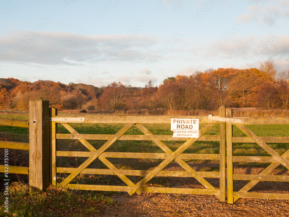 farmland countryside path trail track farm fence sign private road wood