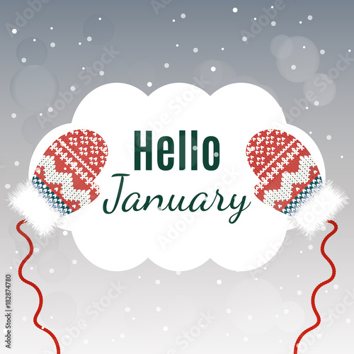 Hello January lettering on winter background with mittens