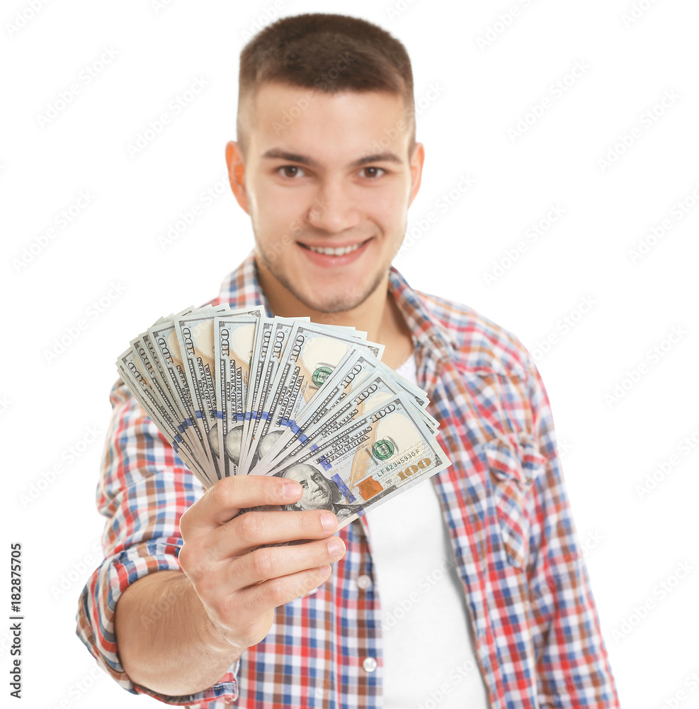 Happy young man with money on white background Happy young man with money on white background