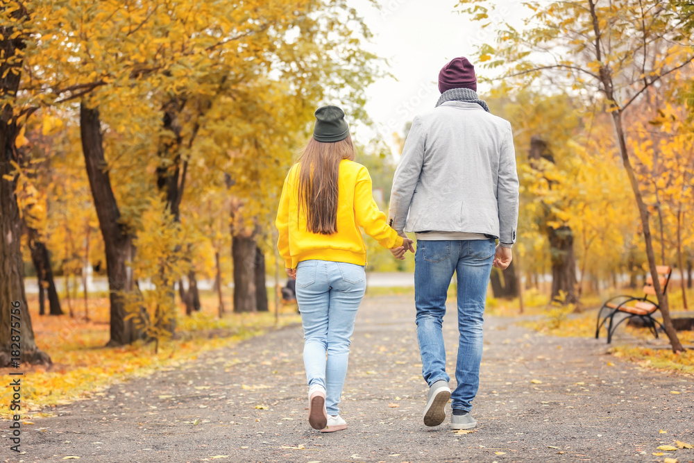 Young couple walking in park on autumn day Young couple walking in park on autumn day