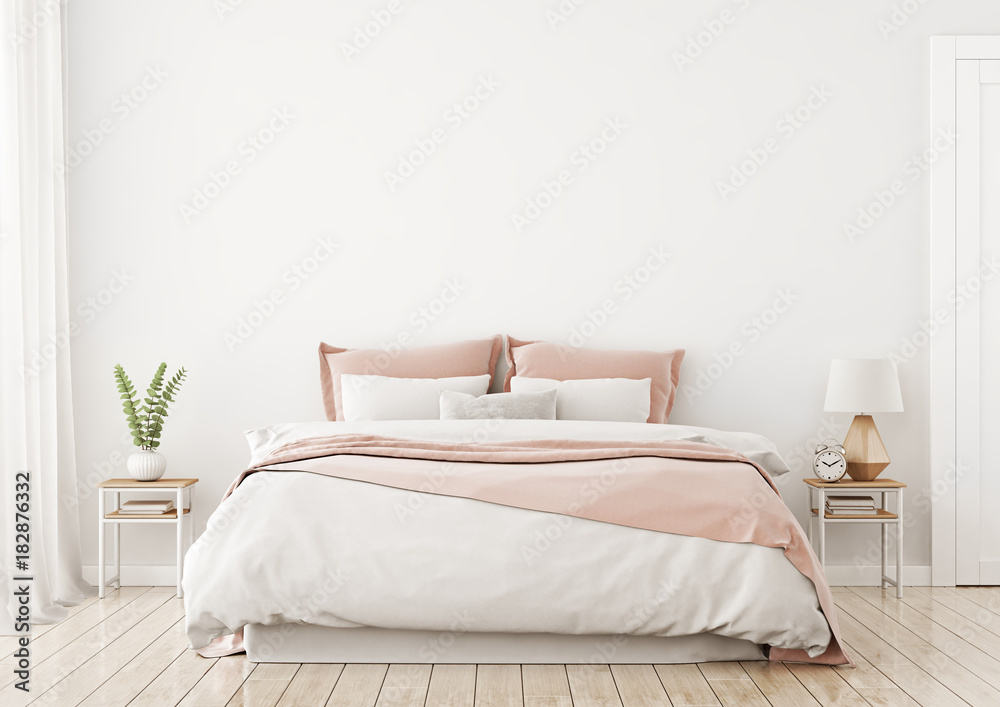 Light, cute and cozy home bedroom interior with unmade bed, pink plaid and cushions on empty white wall background. 3D rendering. - obrazy, fototapety, plakaty 