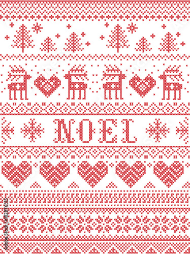 Seamless Noel Scandinavian fabric style, inspired by Norwegian Christmas, festive winter pattern in cross stitch with reindeer, Christmas tree, heart, snowflakes, snow, decorative ornaments, red 
