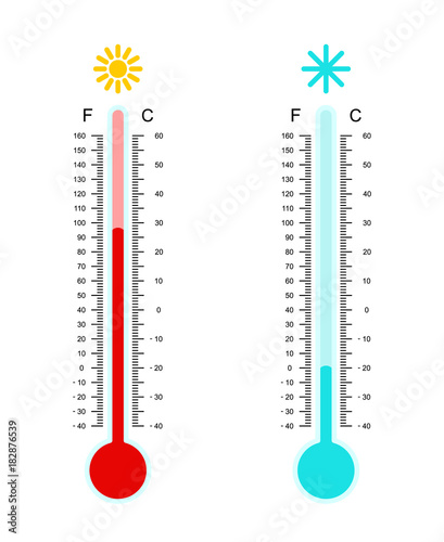 Flat simple image with hot and cold meteorology thermometer isolated on white background. Collection of weather icons. Vector illustration of Celsius and Fahrenheit temperature measuring devices.