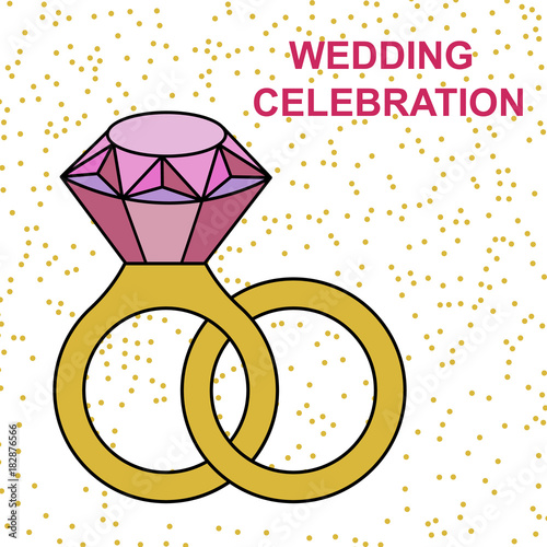 Flat simple image with wedding rings, gold sparkles on whitebackground. Vector illustration of wedding card with text 