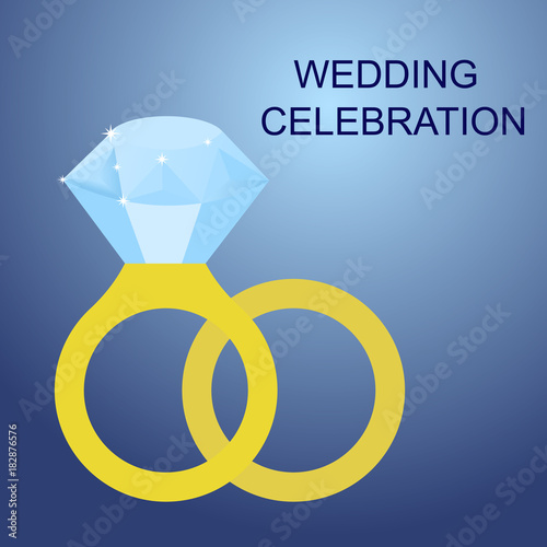 Flat simple image with wedding rings, sparkles on blue background. Vector illustration of wedding card with text 