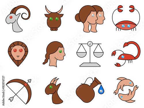 Flat simple image with zodiac signs isolated on white background. Collection of icons of Aries, Taurus,Twins, Cancer,Leo,Virgo,Libra, Scorpio,Sagittarius,Capricorn,Aquarius,Pisces. Vector illustration
