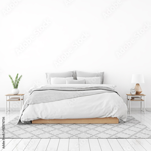 Home interior wall mock up with unmade bed, plaid,cushions and plant in white bedroom. 3D rendering. photo