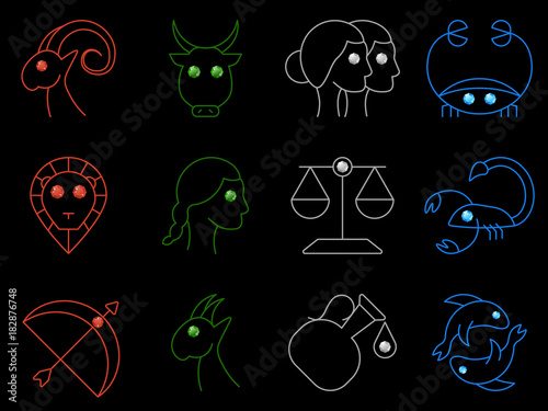 Flat simple image with zodiac signs isolated on black background. Collection of icons of Aries, Taurus,Twins, Cancer,Leo,Virgo,Libra, Scorpio,Sagittarius,Capricorn,Aquarius,Pisces. Vector illustration