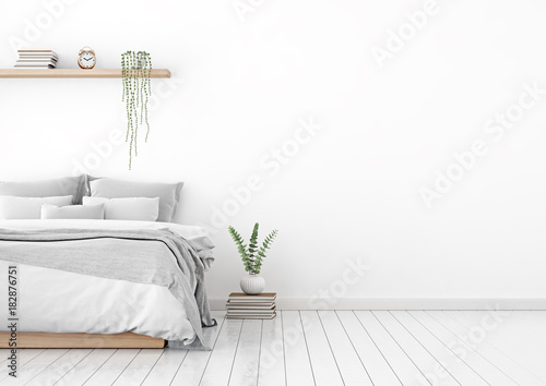 Home interior wall mock up with unmade bed, plaid,cushions and plant in white bedroom. Free space on right. 3D rendering.