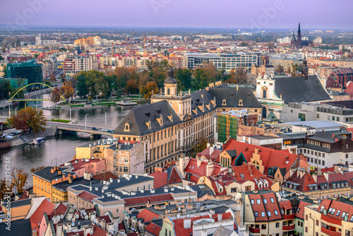 Wroclaw, Lower Silesia, Poland, October 15, 2017; View of Ostrow Tumski district in Wroclaw from Cathedra Tower 