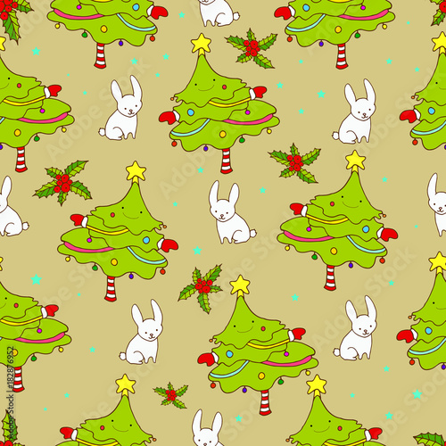 New Year cartoon seamless background, elegant funny Christmas tr