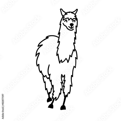 Vector illustration of cute character south America lama with decorations. Isolated outline cartoon baby llama. Hand drawn Peru animal guanaco, alpaca, vicuna. Drawing for print, fabric.