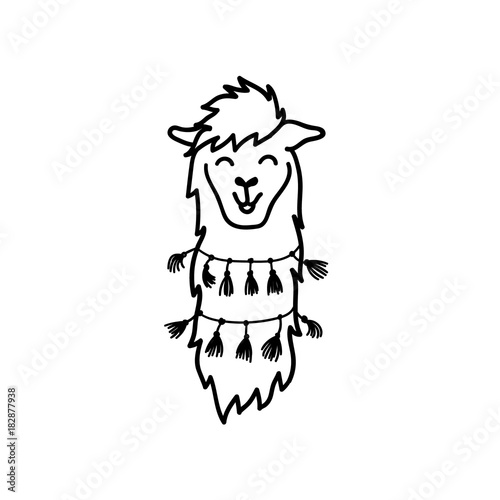 Vector illustration of cute character south America lama with decorations. Isolated outline cartoon baby llama. Hand drawn Peru animal guanaco, alpaca, vicuna. Drawing for print, fabric.