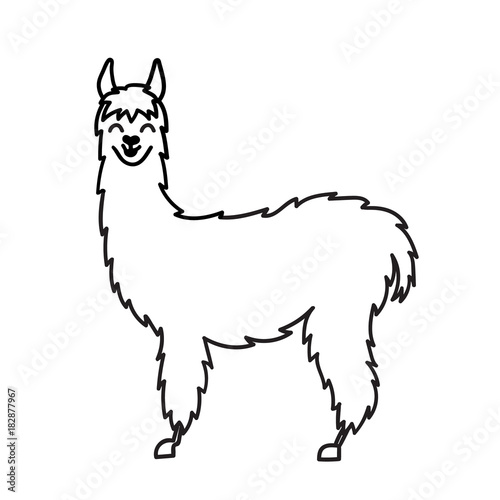 Vector illustration of cute character south America lama with decorations. Isolated outline cartoon baby llama. Hand drawn Peru animal guanaco, alpaca, vicuna. Drawing for print, fabric.