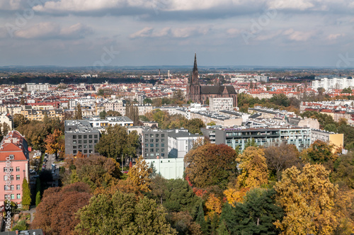 Wroclaw, Lower Silesia, Poland, October 15, 2017; View of Ostrow Tumski district in Wroclaw from Cathedra Tower 