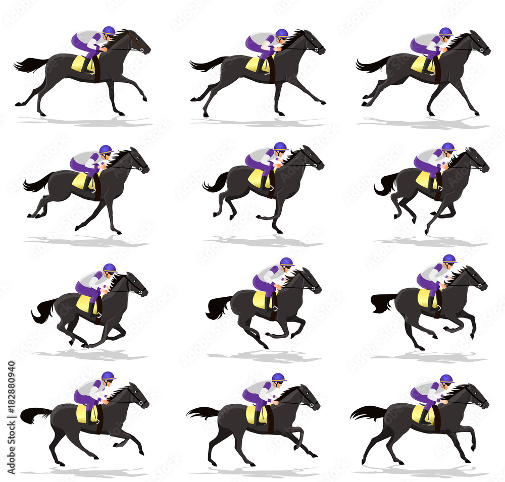Horse rider, Horse running, silhouette, racecourse, competition, sprite  sheets, animation frames Stock Vector