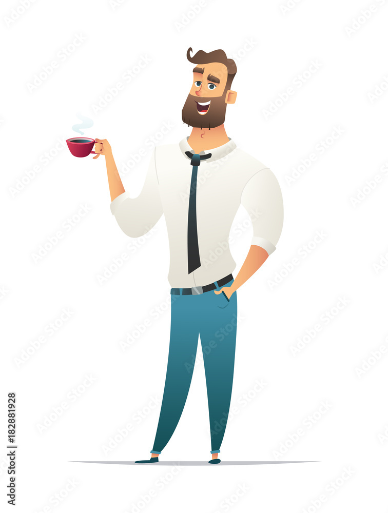 Businessman drinks tea or coffee. Manager character in the cartoon style. Businessman drinks tea or coffee. Manager character in the cartoon style.
