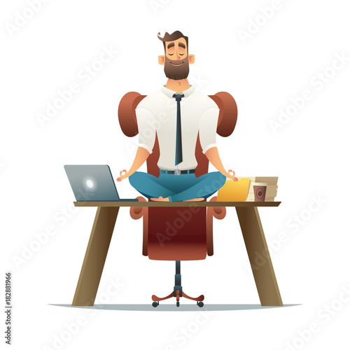Yoga at job. Businessman relaxing in lotus position on table with computer at workplace. Cartoon style man meditation in office.