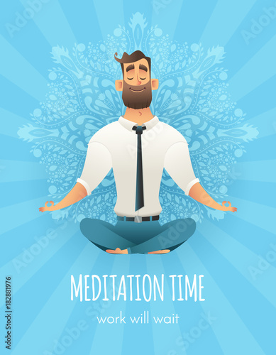 Businessman sitting in a lotus pose. Manager meditation of mandala pattern on background. The concept of business yoga