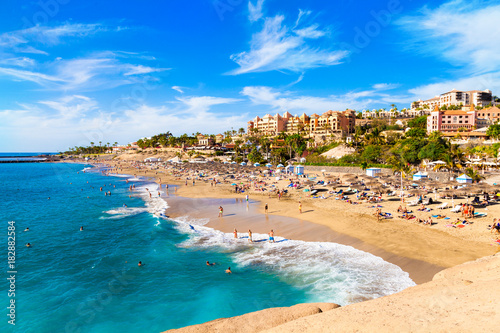El Duque beach in Tenerife, famous Adeje coast on Canary island in summertime Spain