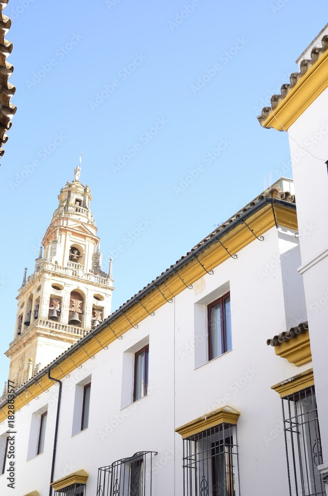 Bell tower from street in Cordoba, Spain