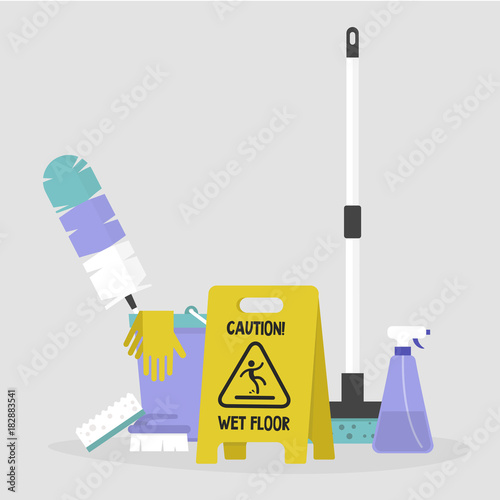 Household chores. Set of cleaning tools: a caution sign, a mop, a bucket, a feather duster, a bottle of cleaning spray, a brush and a sponge. Flat editable vector illustration, clip art