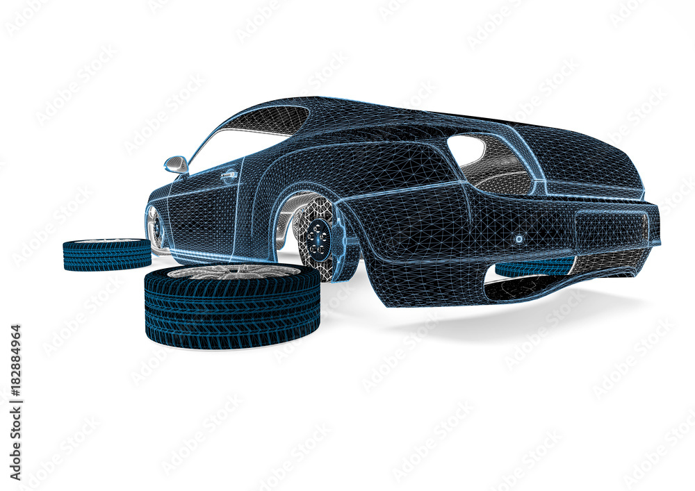 Wire Frame car / 3D render image representing an luxury car in wire frame Wire Frame car / 3D render image representing an luxury car in wire frame