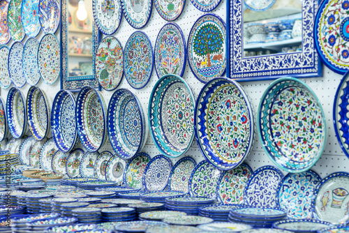 Ceramic plates and other souvenirs for sale on Arab baazar located inside the walls of the Old City of Jerusalem