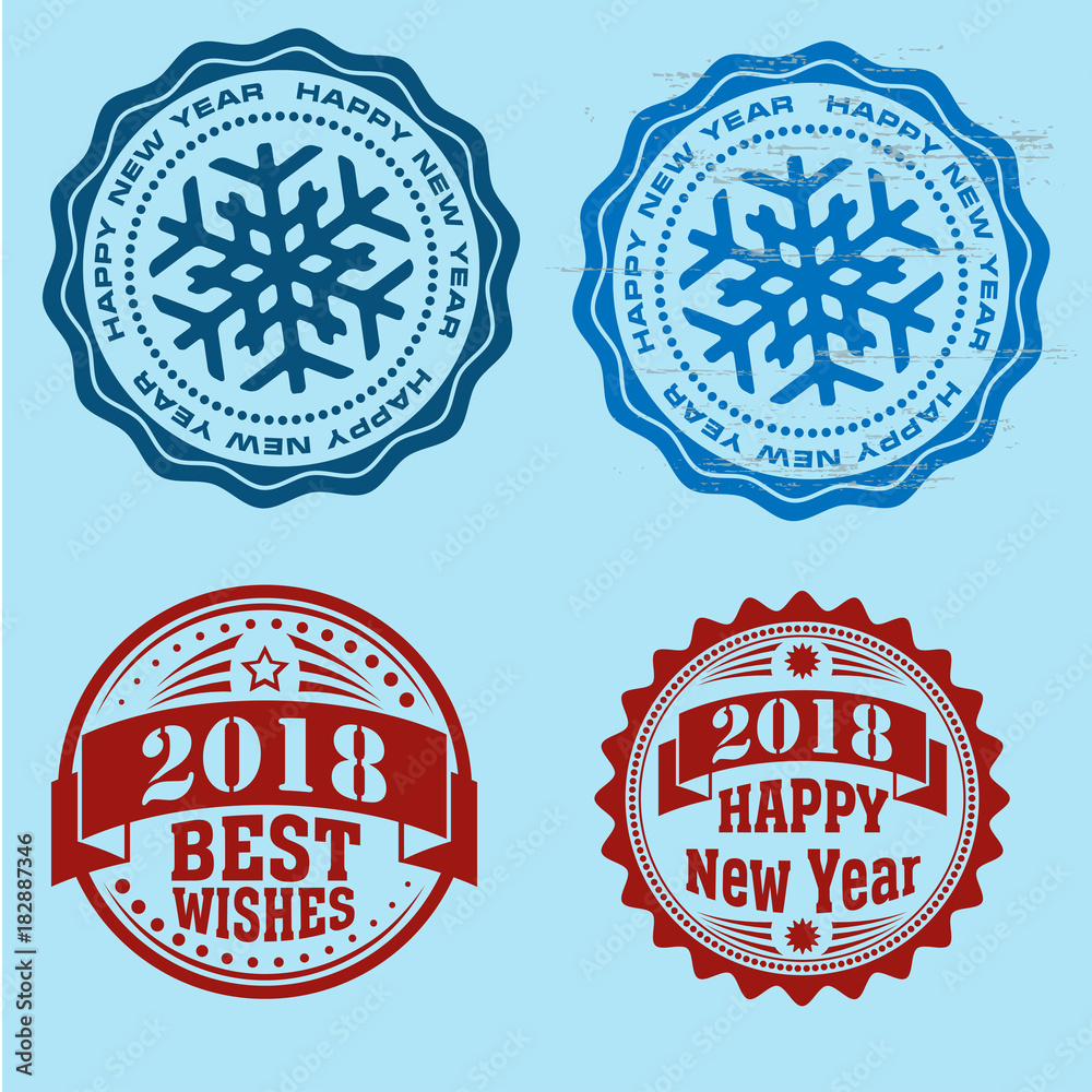 New Year round stamps with snowflakes and banners. New Year round stamps with snowflakes and banners.