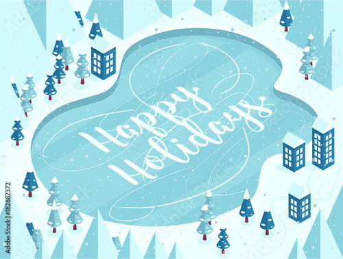 Vector illustration in cartoon style Vertical Snowy Mountains landscape with frozen lake, house, road, pines, hills, snow and hand lettering of Happy Holidays.