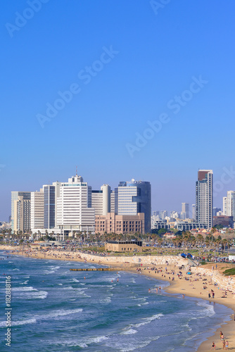 TEL AVIV, ISRAEL- APRIL, 2017: View of the skyscrapers of Tel Aviv from the Mediterranean Sea. © Stanislav Samoylik