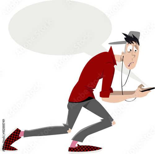 Young adult texting on his smart-phone, empty speech bubble on the background, EPS 8 vector illustration