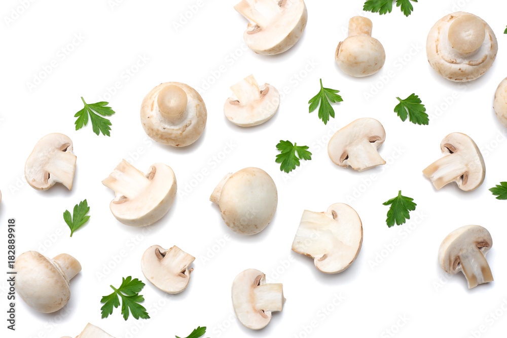 Fototapeta premium mushrooms with parsley isolated on white background. top view