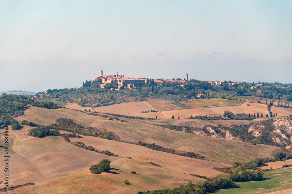 Beautiful autumn landscape of Val d'Orcia on the background Pienza Tuscany, Italy