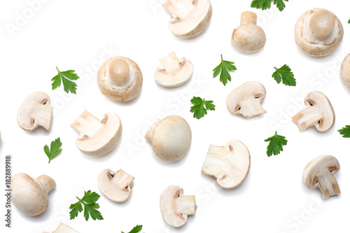 mushrooms with parsley isolated on white background. top view