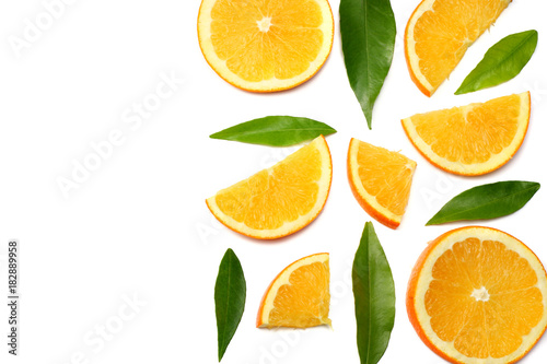 healthy food. sliced orange with green leaf isolated on white background top view