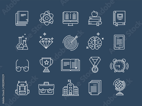 School education, university. Study, learning process. Oline lessons, tutorial. Student knowledge. History book.Thin line web icon set. Outline icons collection.Vector illustration.