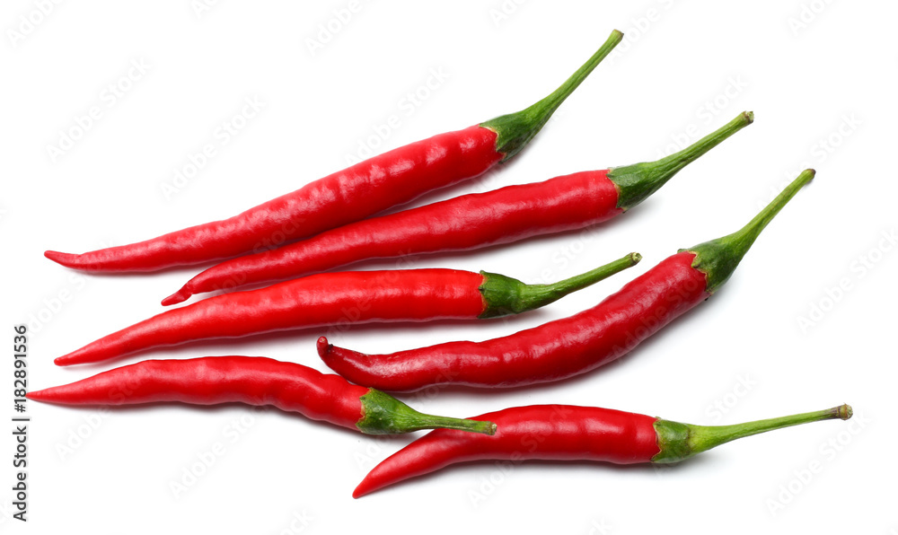 red hot chili peppers isolated on white background top view