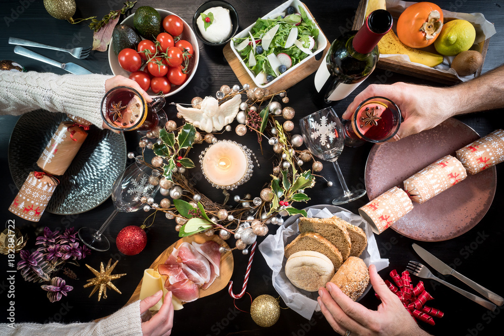 festive christmas table food hands celebration drink